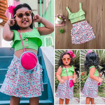 

2Pcs Infant Baby Girl Button Sleeveless Sling Green Top + Flamingo Skirt Summer Fashion Casual New Outfits Clothes Set
