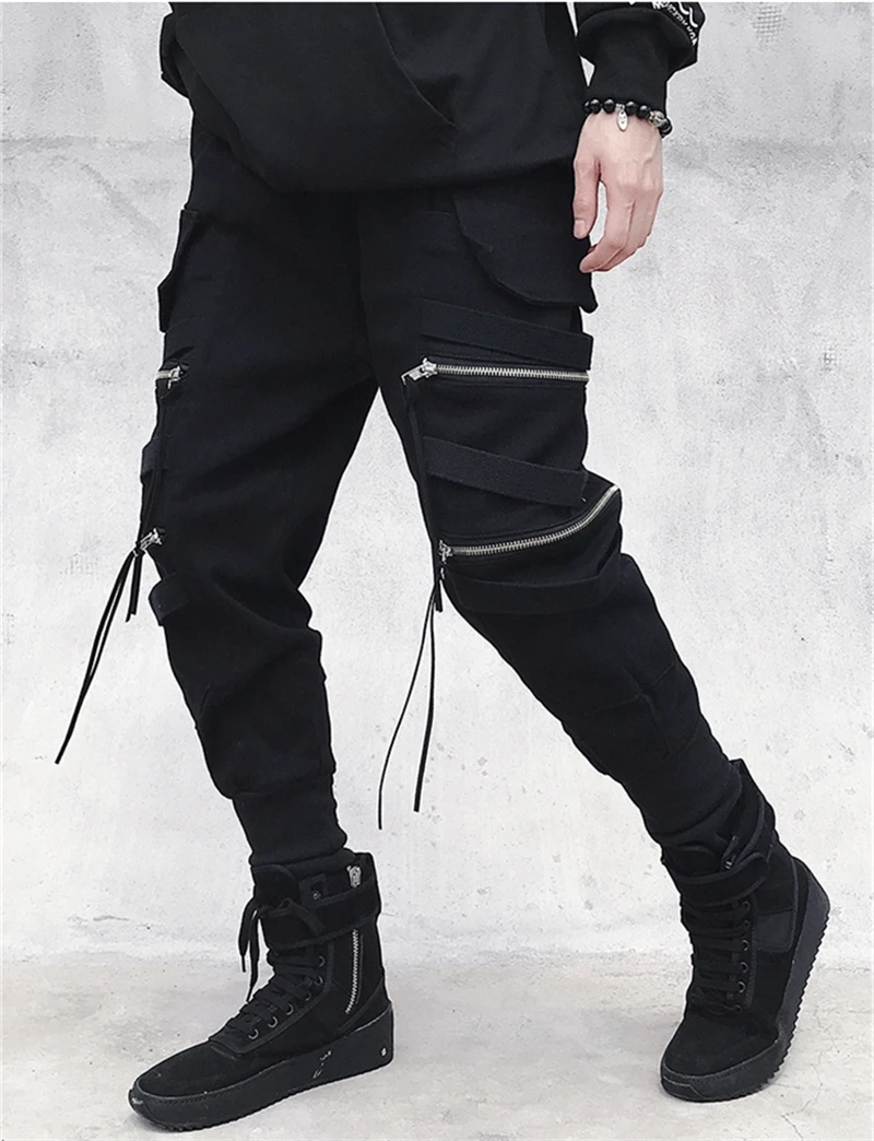 2022 Joggers Cargo Pants for Men Casual Hip Hop Zippers Pocket Male Trousers Sweatpants Autumn Streetwear Ribbons Techwear Pants black cargo trousers