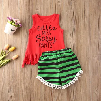 

1-6 Years Girls 2pcs Summer Set Toddler Baby Girl Casual Tracksuit Set Tops Tank Stripe Pompom Ball Shorts Girls Summer Outfit