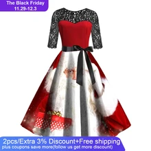 Зимние рождественские платья для женщин 50S 60S винтажный халат качели Pinup элегантное вечернее платье с длинным рукавом Вечерние качели Рождественский Принт vestidos