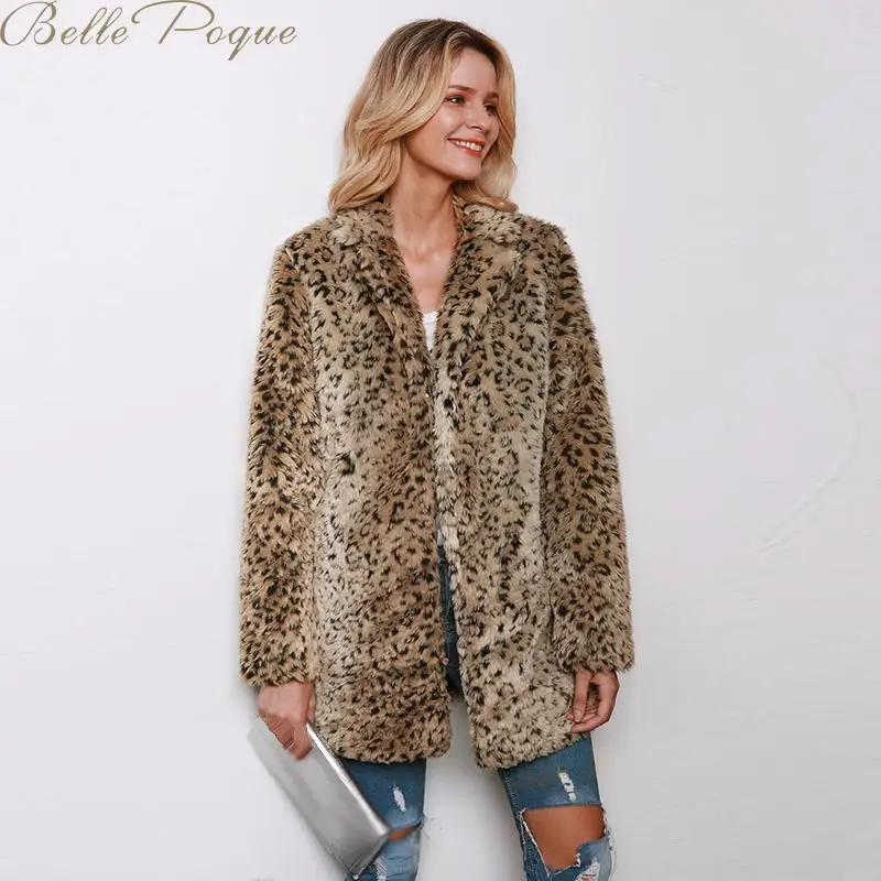 Belle Poque, теплое зимнее пальто из искусственного меха, женские куртки с отложным воротником, женские леопардовые куртки на молнии, свободные длинные женские куртки средней длины
