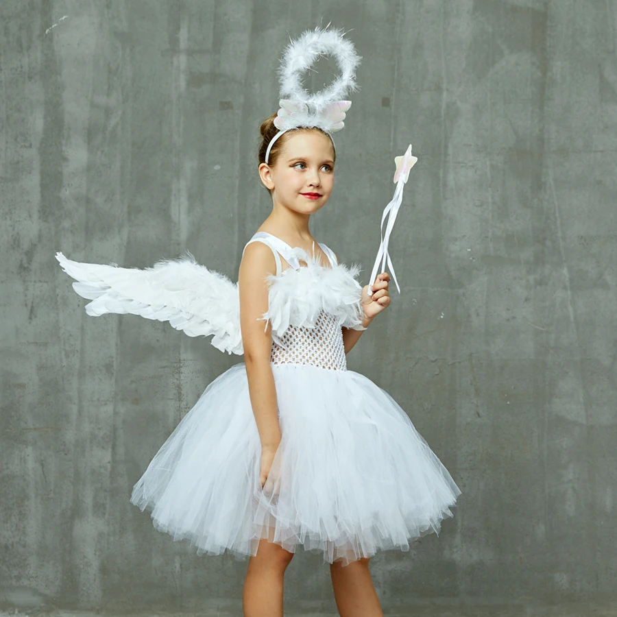 White Angel Girls Feather Tutu Dress Kids Halloween Birthday Party Costume Girl Christmas Nativity Dress with Wings Halo Outfit (10)