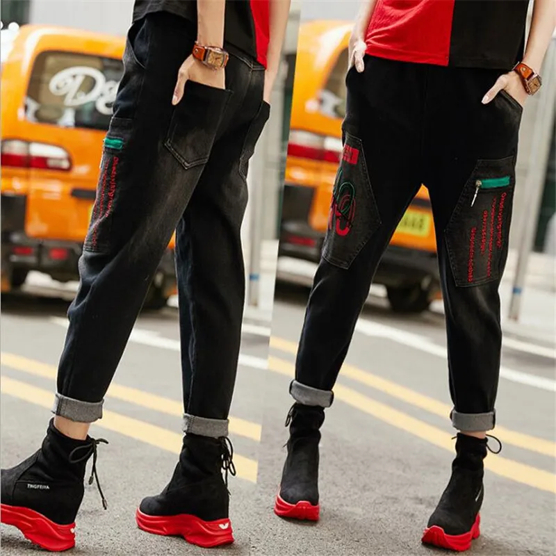 

2019 New Autumn Elastic material Womens cargo pants Pockets Letter color print High Waist Jeans Pants Trousers Casual Streetwear