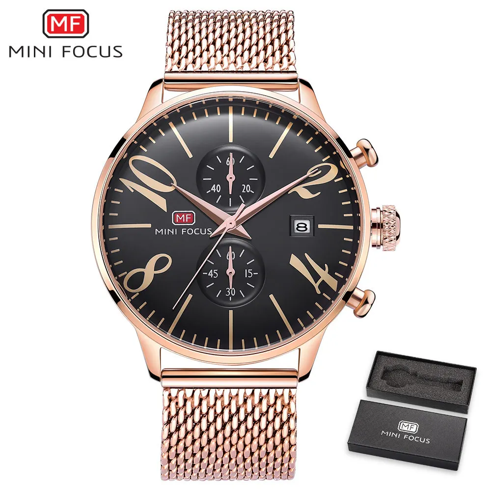 rose gold black Мини фокус Топ люксовый бренд мужские деловые часы хронограф водонепроницаемые кварцевые аналоговые наручные часы полностью стальные мужские часы Relogio - Цвет: rose gold black
