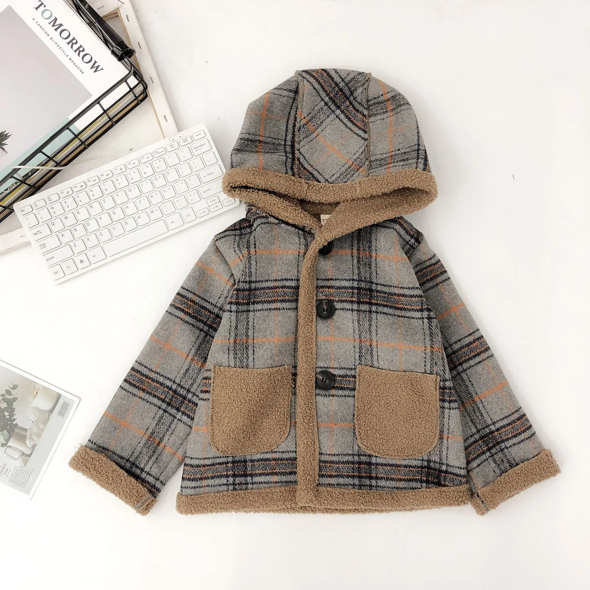 New Arrival Girls Boys Woolen Plaid Thicken Coat Autumn Winter Kids Hooded Jacket Baby Girl Jacket 1-6 Years - Цвет: pic