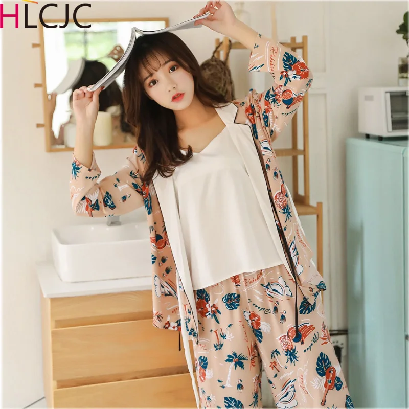 

Sleep Lounge Satin Sleepwear Cotton Cartoon Women Pajamas Set Elegant Pyjamas Women Spring Nightwear 3 Pieces Ladies Home Suit