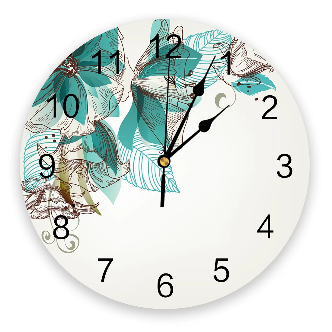 PVC Wall Clock Watercolor Green Flowers Leaves I Modern Wall Clock Silent Non-Ticking Battery Operated Home Office Decor 10 Inch Made in USA 