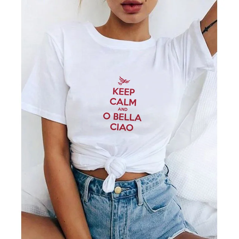 Женская футболка с надписью Keep Calm And O Bella Hello женская в стиле Харадзюку Готическая