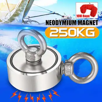 

250kg Powerful Round Neodymium Magnet Hook strong Salvage Magnet Sea Fishing Equipments Holder with Ring Hunter Holder+10M Rope