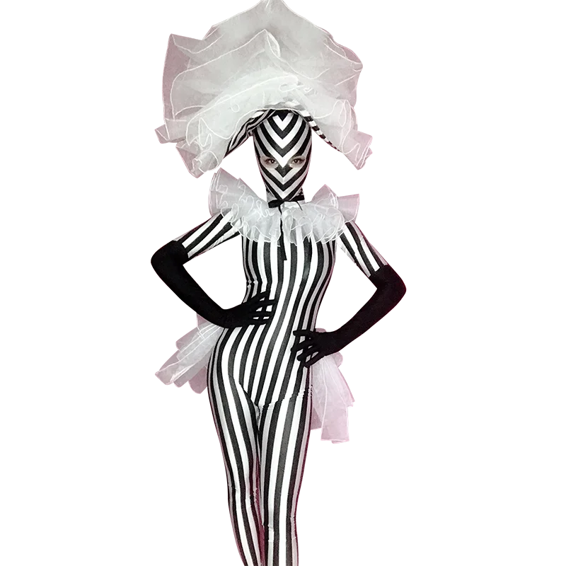 Полосатая сетка с длинным рукавом Комбинезон Ds Сексуальный ночной клуб Длинный черный облегающий цельный взрослый сценический костюм Комбинезон сценический наряд