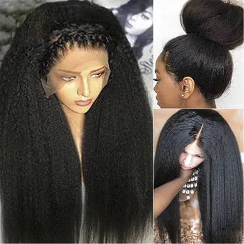 

13x6 Lace Front 26 inch Afro Kinky Straight Wig Full Lace Human Hair Wig Yaki Straight Mongolia Remy PrePlucked 360 Lace Frontal