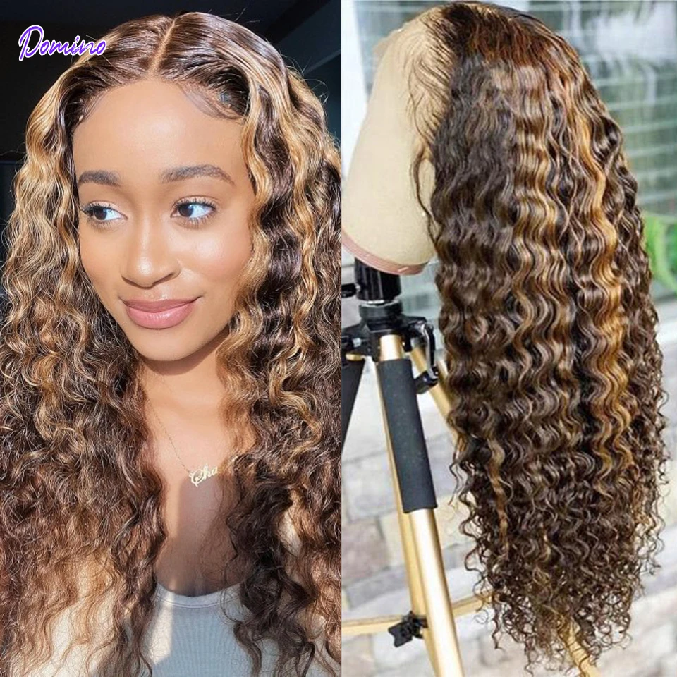 Domino Highlight Deep Wave Tpart Lace Front Wigs P4/27 T Part Frontal