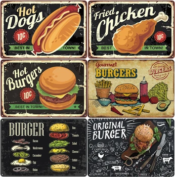 

Chicken Hamburger Hot Dogs Sign Plaque Metal Vintage Plates For Wall Art Home Shop Vintage Restaurant Decoration