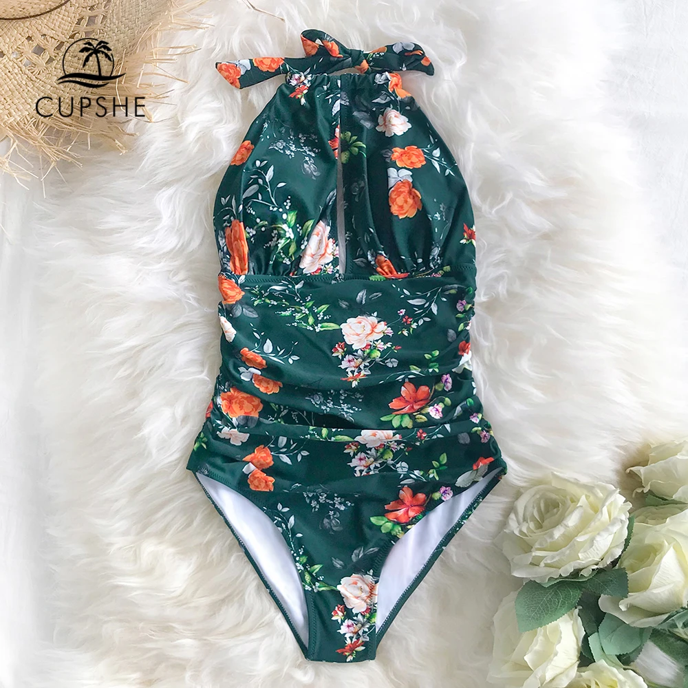 One-Piece Swimsuit Bathing-Suits CUPSHE Women Monokini Green Floral Girls Sexy New Beach