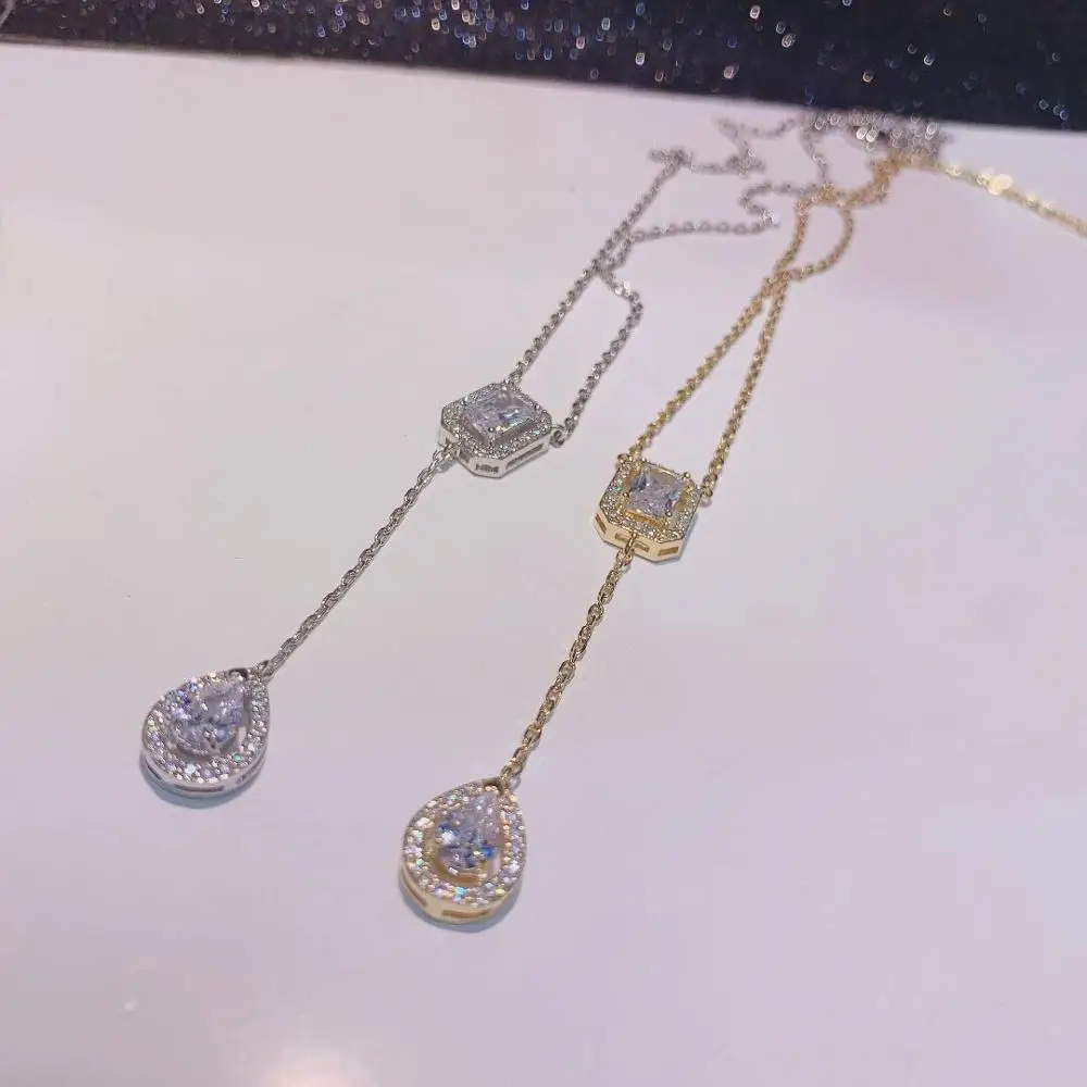 HIBRIDE Elegant Fashion Geometry AAA Cubic Zircon Trendy Geometric Lariat Necklace For Women Wedding Dubai Pendant Necklace P28 - Image 5