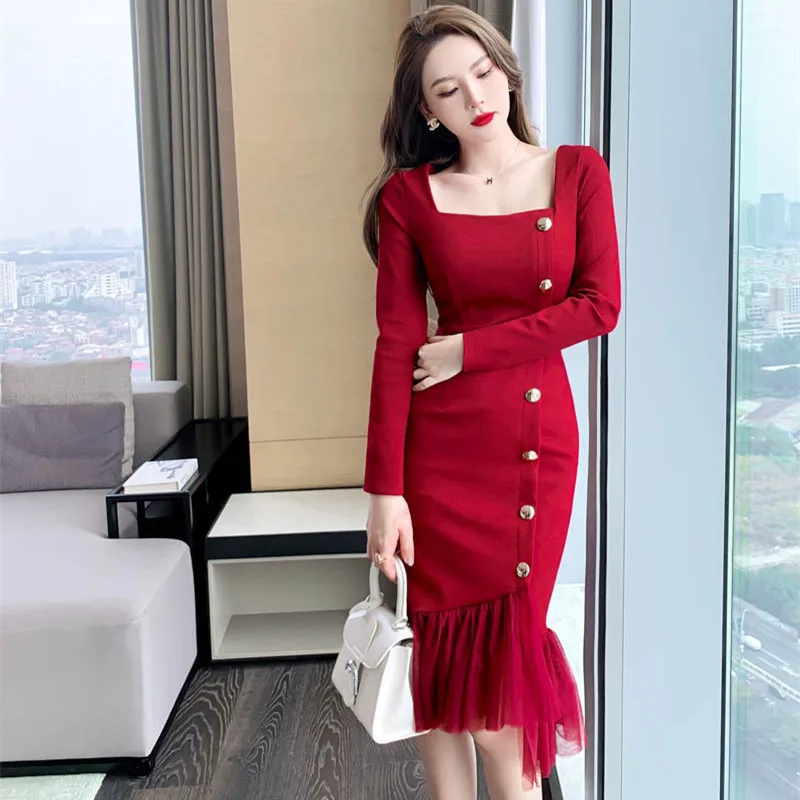 2021 Women Long Sleeve Mesh Patchwork Singer Breasted Sexy Dress Woman