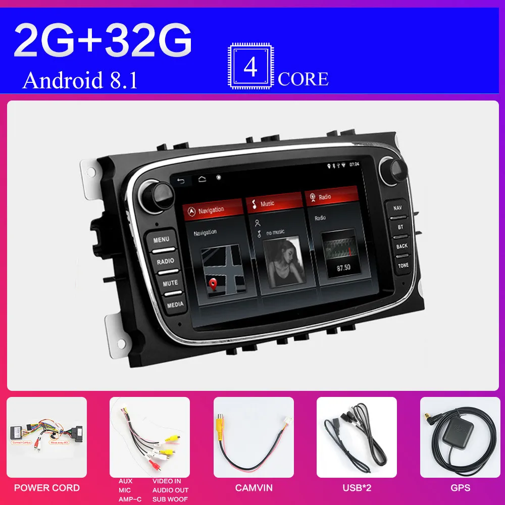 Белый 2 Din автомагнитола Android для Ford Focus S-Max Mondeo 9 Galaxy YC-Max WiFi FM RDS DAB tv мультимедийный плеер навигация - Цвет: Белый