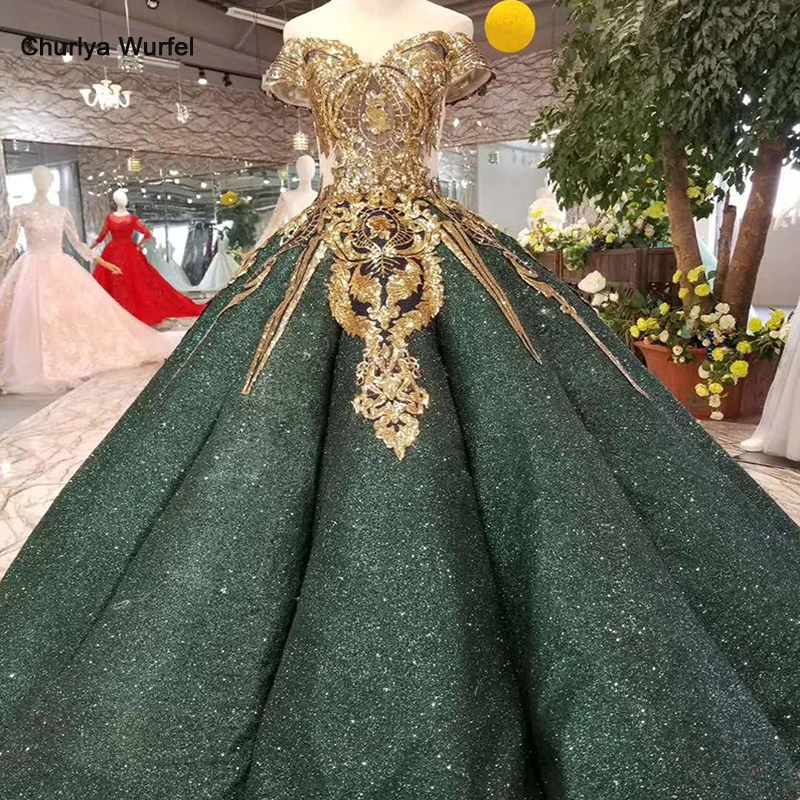 LSS167 Роскошные Дубай блестящие платья для женщин повод с открытыми плечами Милая золотой блеск Бальные кривой форма темно зеленый