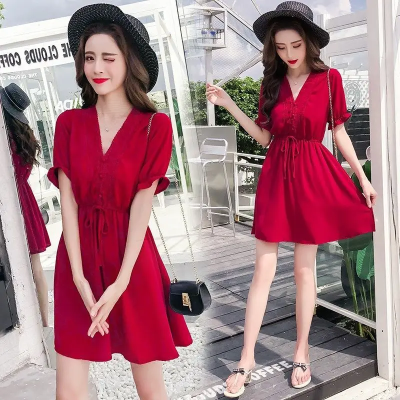 

Red Chiffon Dress Summer Women Dresses French Style Vintage V Neck Empire Waist Lace Short Sleeve Slim Elegant A-Line Mini Dress