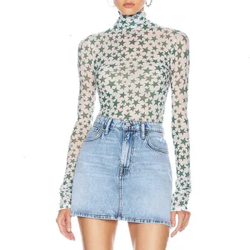 

Thin Turtleneck Women Bottoming Shirt Stars Printted Basic Ladies T Shirt Female Stretch SEXY See Through Pullover Tops B012