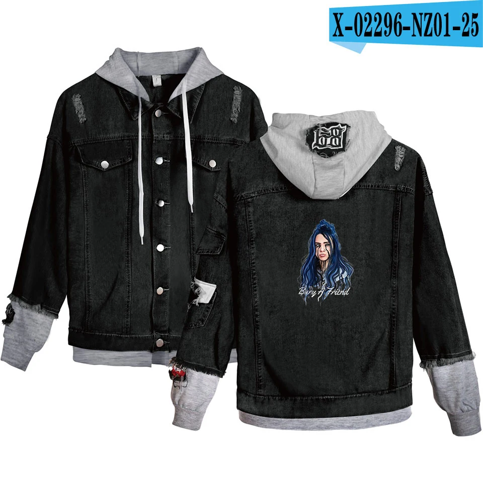 As picture Billie Eilish, модная Осенняя джинсовая куртка с капюшоном для мужчин, женщин, мальчиков и девочек, уличная одежда, черная джинсовая куртка в стиле хип-хоп, XXS-4XL - Цвет: As picture