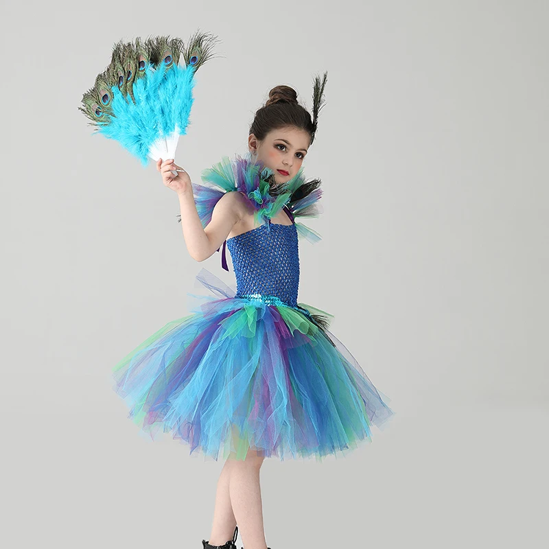 Girls Royal Peacock Tutu Costume Kids Peacock Princess Carnival Fancy Dress Ballerina Halloween Birthday Party Girl Tutu Dress (3)