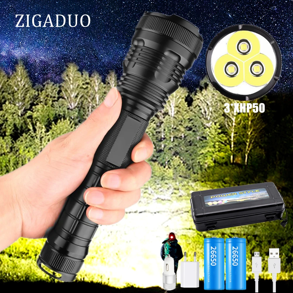 

150000 Lumens 5 Modes Lamp XHP50 Most Powerful Flashlight USB Led Torch XHP50 18650 or 26650 Rechargeable Battery Hunting Light