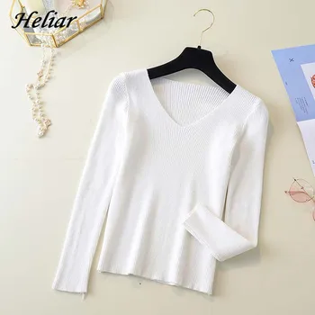

Heliar Kitted soft Sweater casual solid V-neck female pullover full sleeve spring autumn winter knitted cotton sweater For women