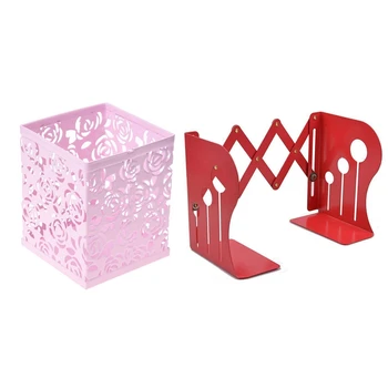 

1 Pcs Hollow Rose Flower Metal Pen Holder Organizer & 1 Pcs Adjustable Bookends Black Non-Slip azine File Book Stand