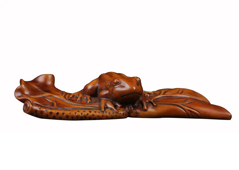 

TJ144ca - 16.5X6.2X3 CM Carved Boxwood Carving Figurine Home Decor: Frog on Leave