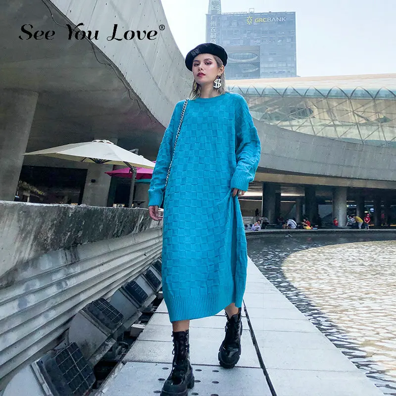 

See you love Long Big Size Knitting Sweater Loose Fit Round Neck Long Sleeve Women Sweater New Fashion Tide Autumn Winter 2019
