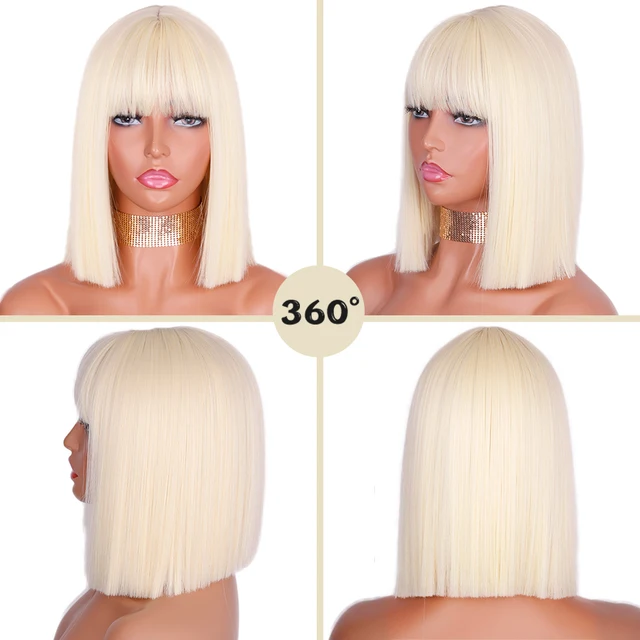 Stunning synthetic blonde wig for party! Designed with bangs and a short bob style, this golden wig will give you a natural and glamorous look. It is heat resistant and measures 11 inches in length, making it perfect for any occasion. - Image 3