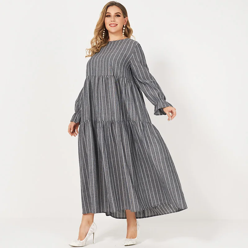 New Summer Dress Women Plus Size Grey Loose Cotton Vertical Stripede Draped O-neck Lantern Long Sleeved Casual Large Maxi Robes |