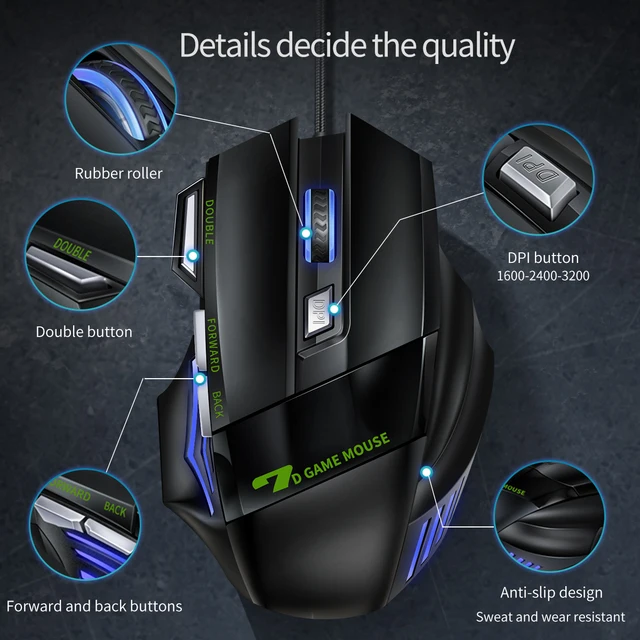 Ergonomic Wired Gaming Mouse 7 Button LED 4800 DPI USB Computer Mouse Gamer Mice  Silent Mause With Backlight For PC Laptop 3