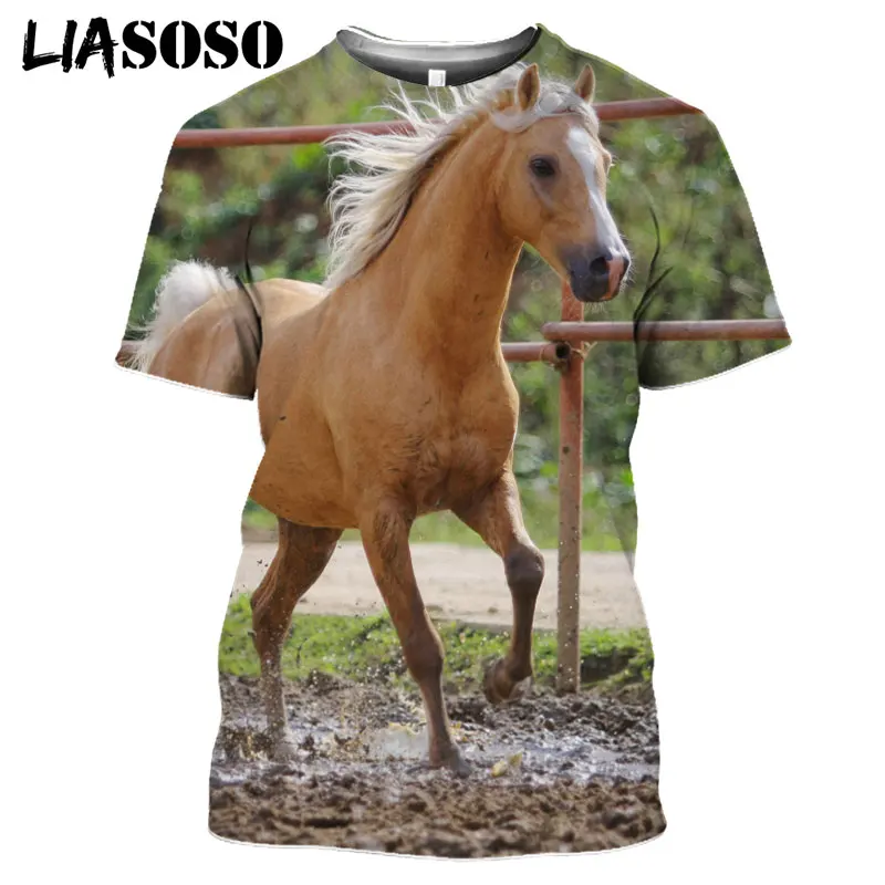 LIASOSO 2021 3D Print Robust Horses Snow Anime Horse Animals Tshirt Women Men Casual T-shirt Pullover Short Sleeve Large Clothes