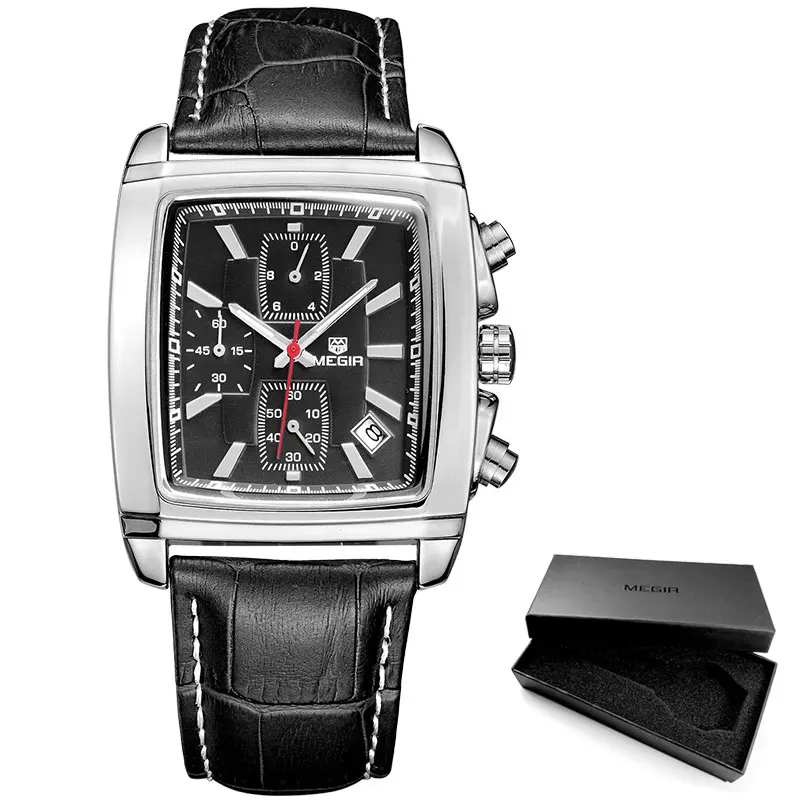 M2028 Black MEGIR, новинка, повседневные брендовые часы, мужские, хит, модные, спортивные, наручные часы, мужские, хронограф, кожа, часы для мужчин, светящийся календарь, час - Цвет: M2028 Black