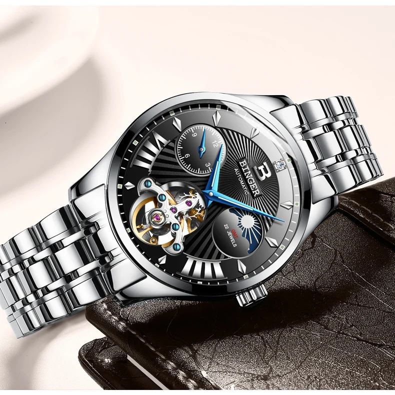 Швейцарские механические часы для мужчин Бингер Бизнес Мужские часы Скелет наручные автоматические мужские часы водонепроницаемые Relogio Masculino