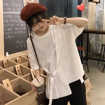 

2020 Summer Wear Split Joint Design Short Sleeve Feeling Girl White Tide T Shirt Harajuku Tops Women Tshirt Kawaii T-shirt