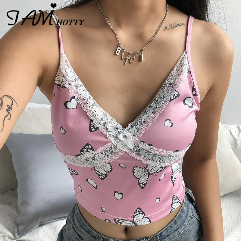 Iamhotty y2k 2020 с принтом бабочки кружевной сексуальный топ Для женщин Harajuku Спагетти