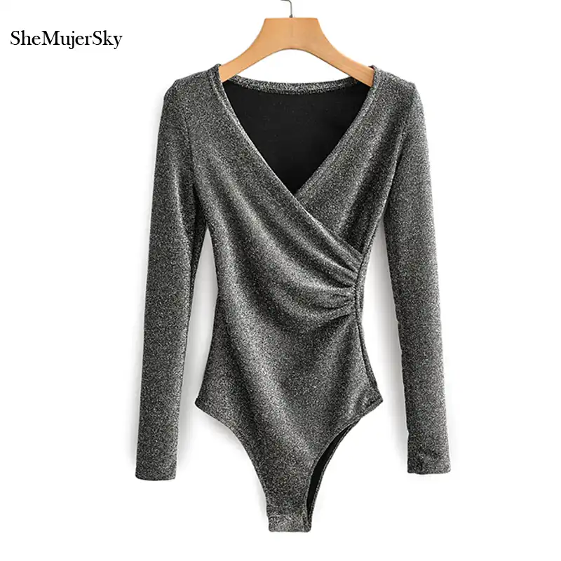 Shemujersky 女性長袖ラメスーツ無地 V ネックスリム弾性ボディスーツ 19 ジャンプスーツレディースオーバーオール ボディスーツ Aliexpress
