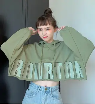 

2020 Autumn New Arrival Loose Sweatshirt Embroidery Short Cropp Student Hooded Long Sleeve Beige/Green Sweatshirt Free Shipping