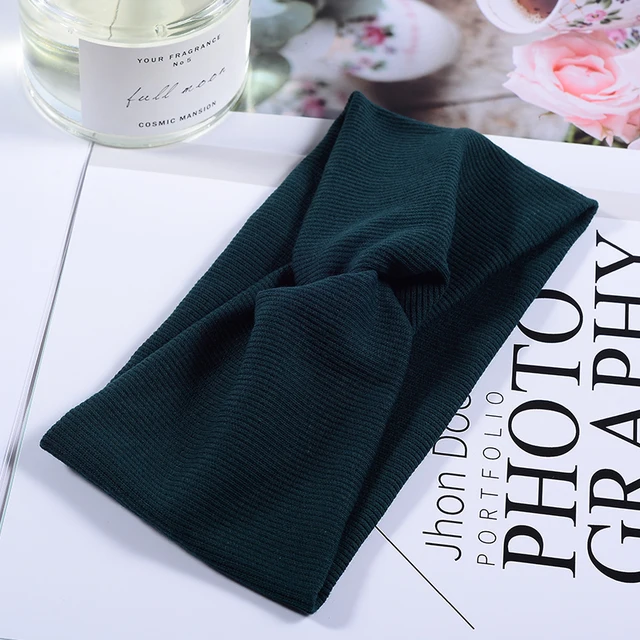 Women Headband Twist Turban Solid Wide Knitted Knotted Yoga Twisted Hairband Accessories For Turban Bandage Bandanas Hair Bands 01-Dark Green