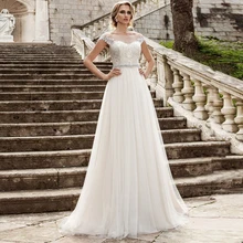 ADLN Новое поступление Тюлевое свадебное платье с глубоким вырезом и коротким рукавом ТРАПЕЦИЕВИДНОЕ свадебное платье аппликация Бисероплетение Vestido De Noiva