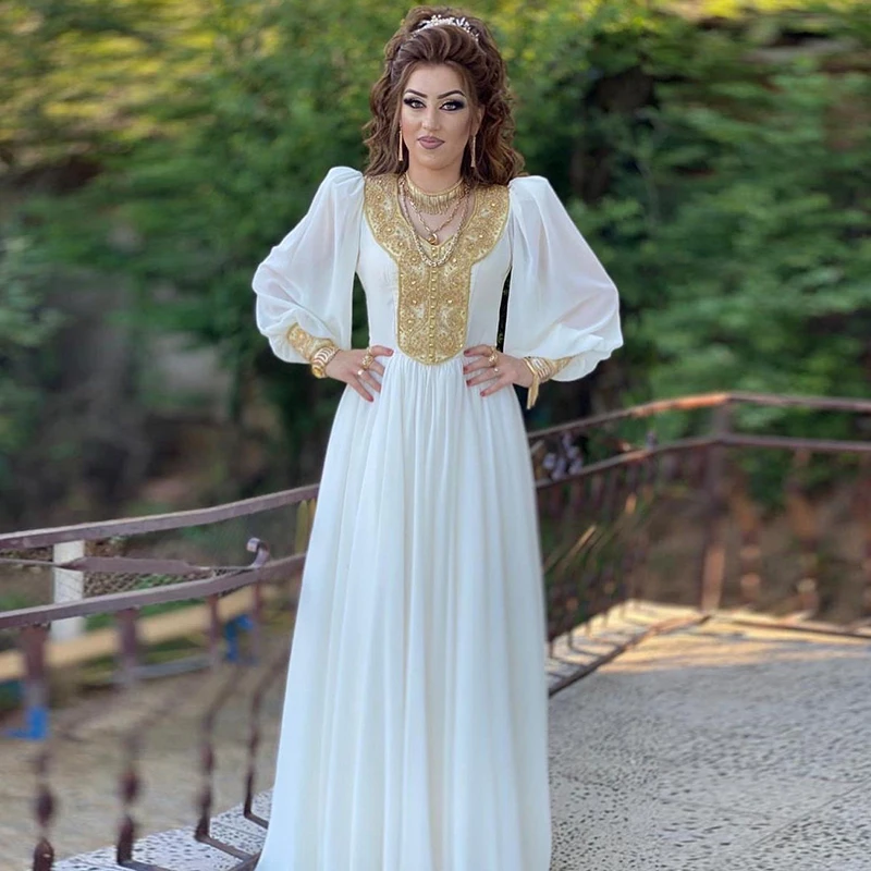 hot pink prom dress New White Chiffon Moroccan Kaftan Evening Dresses Long Golden Appliques Saudi Arabic Muslim Bridal Party Dress Custom Made dark green prom dress Prom Dresses