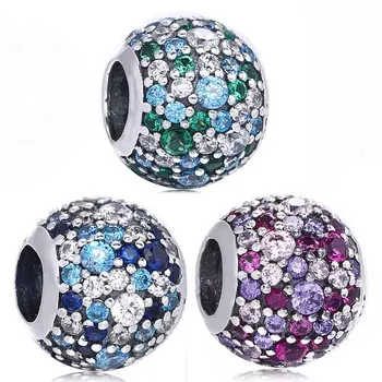 

New 925 Sterling Silver Bead Charm Pave Multicolor Mosaic Ball With Crystal Beads Fit Bracelet Bangle Diy Jewelry