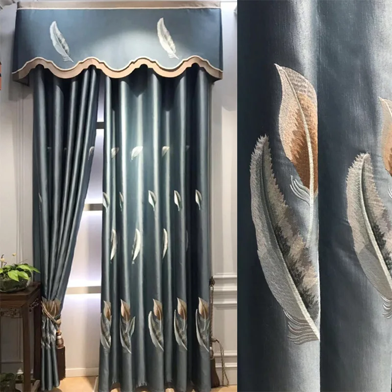 Curtains for Living Room European Luxury Feather Embroidery Blackout Heavy Upscale Silk Fabric Bay Window Drapes | Дом и сад