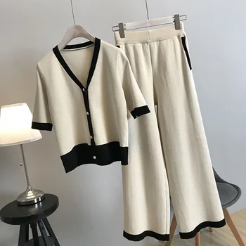 

Korobov OL Elegant Patchwork Knit Suits Short Sleeve V Neck Korean Women Cardigans and High Waist Wide Leg Pants 2 PCS Set 78762