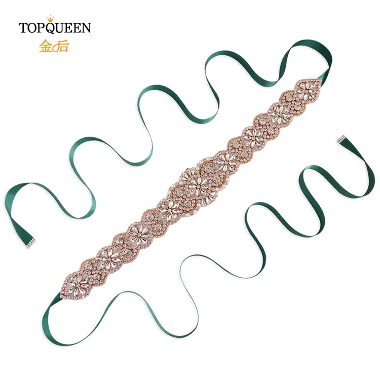 TOPQUEEN, S161B-RG, розовое золото, свадебный пояс, стразы, бисер, пояс, стразы, пояс для свадебного платья, свадебный пояс - Цвет: green