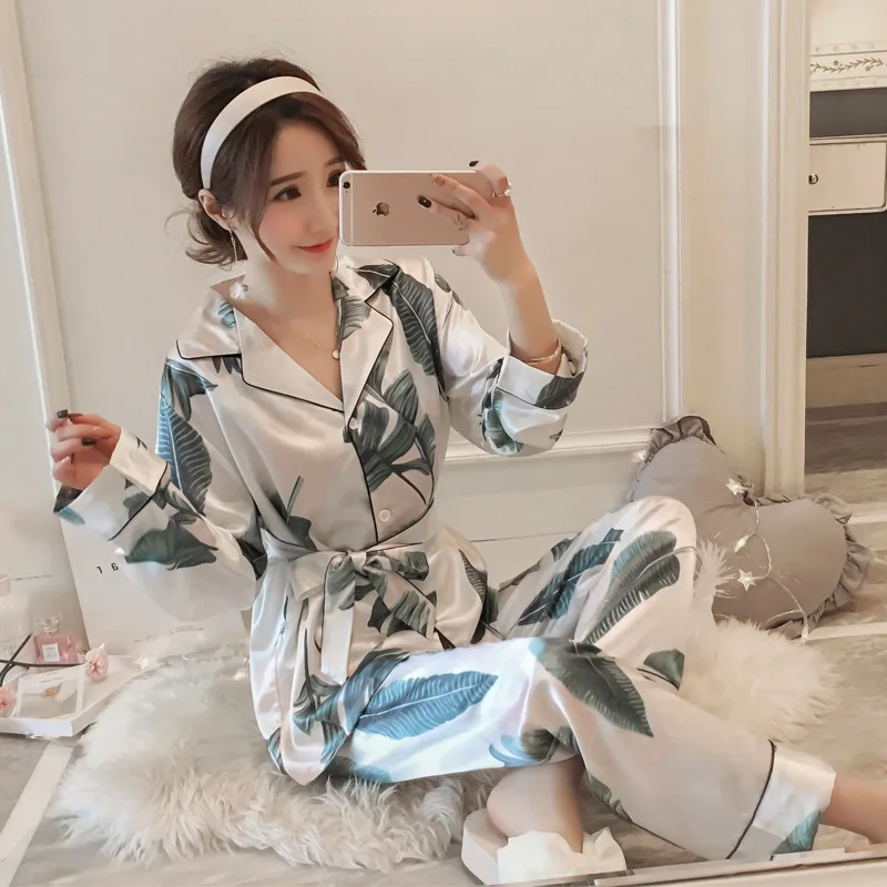 

New Style Pajamas Women's Spring And Autumn Long Sleeve Ice Silk Thin Lace-up Korean-style Sweet GIRL'S Cardigan Homewear Set