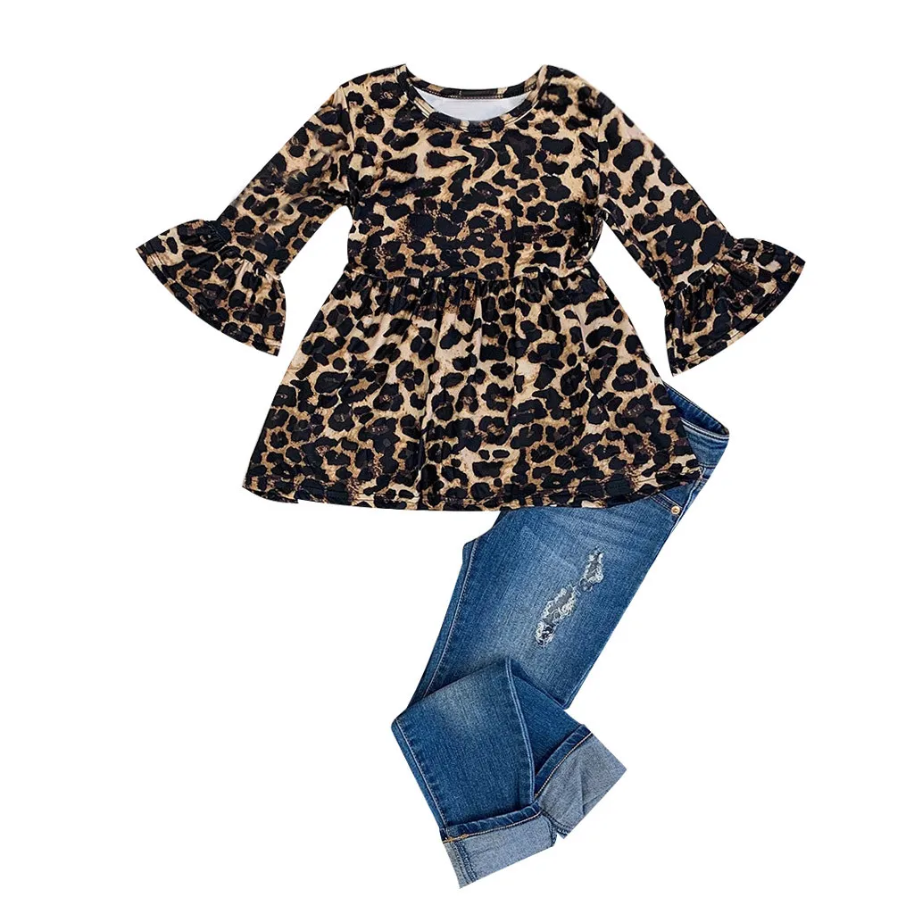 Детский леопардовый комплект для маленьких девочек, футболка с принтом топы, джинсы штаны комплект из 2 предметов, теплый повседневный костюм для малышей, костюм для малышей